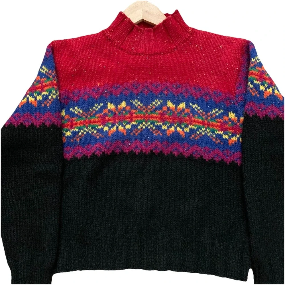 Vintage Express Tricot Wool Fair Isle Sweater Red Black Nordic Knit 100% Wool-M